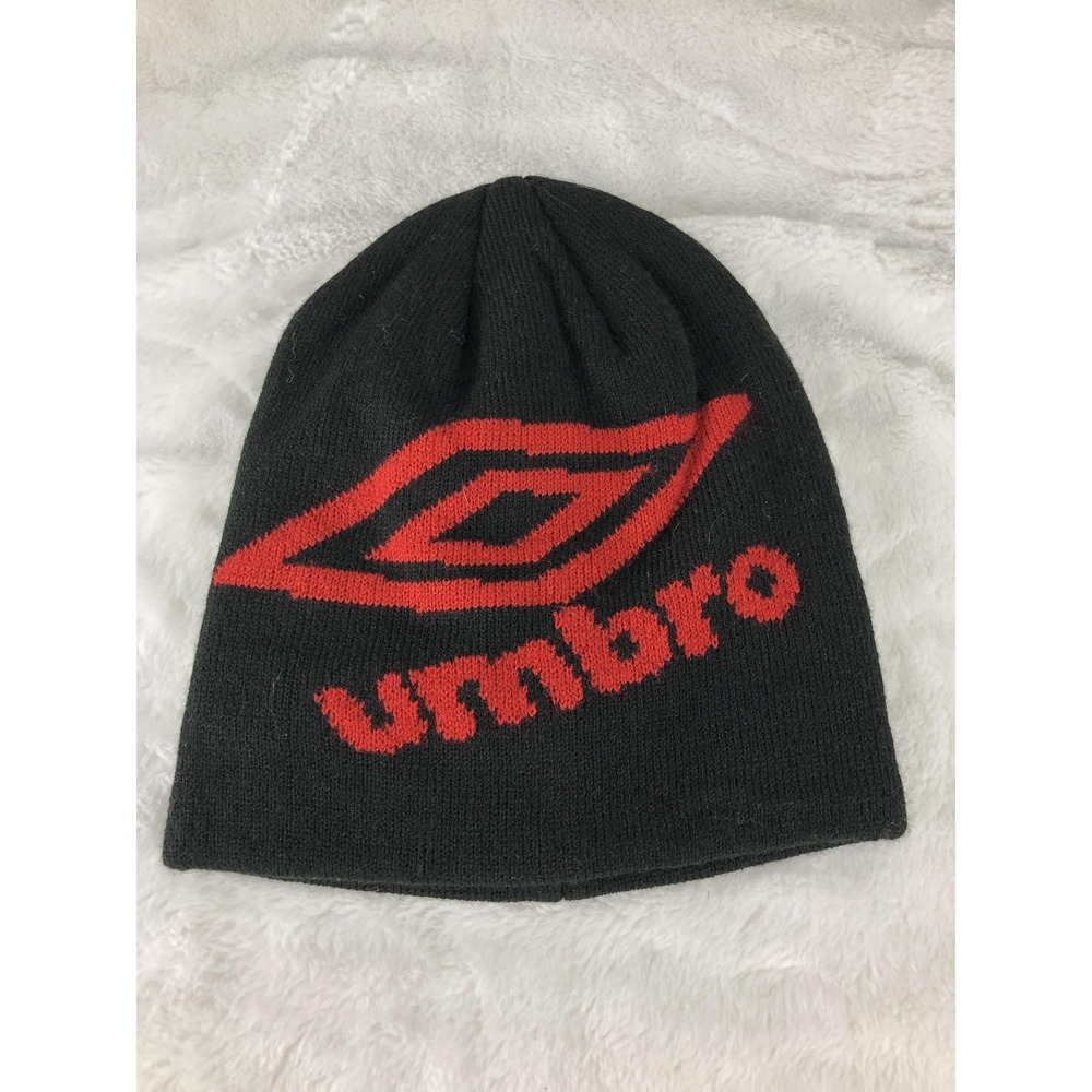 Umbro‎ Hat Beanie One Size Black Red Knit Winter OSFA Soccer Logo Football Mens